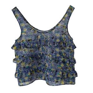 BCBGeneration Women's Floral Ruffled Crop Top Blue Yellow XS